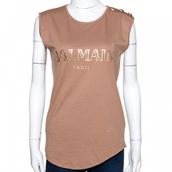 Balmain Beige Logo Printed Gold Button Embellished Sleeveless T-Shirt - 36 - Picture 2 of 9